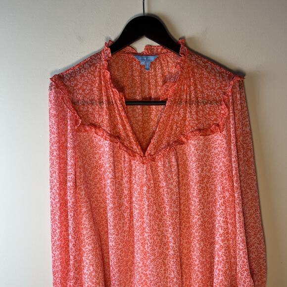 Draper James Top Floral 2X Ruffle Cottage Core Peasant Orange Sheer Long Sleeve - Picture 2 of 10